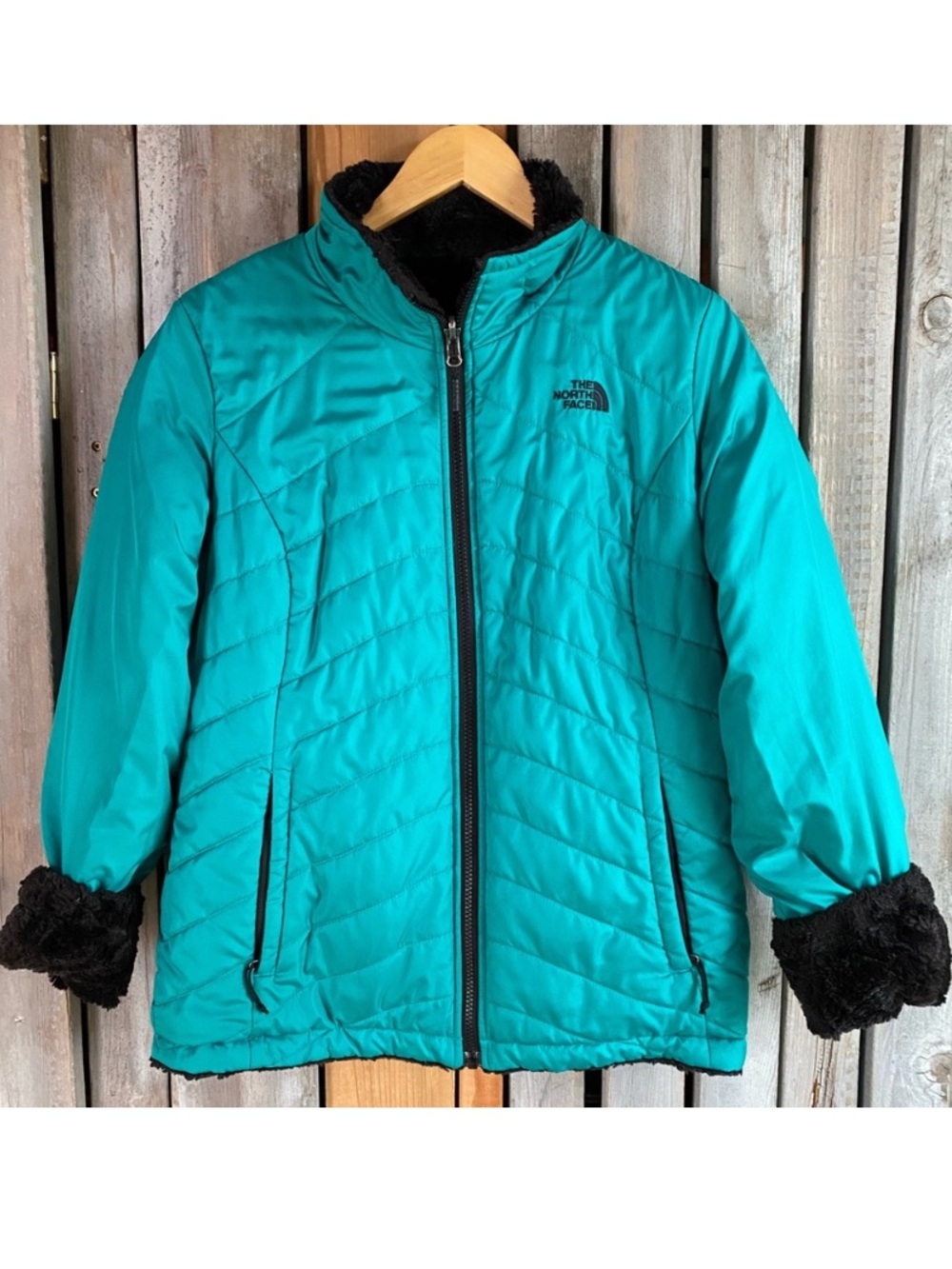 The North Face Reversible Black Fur/ Teal Jacket Sz M